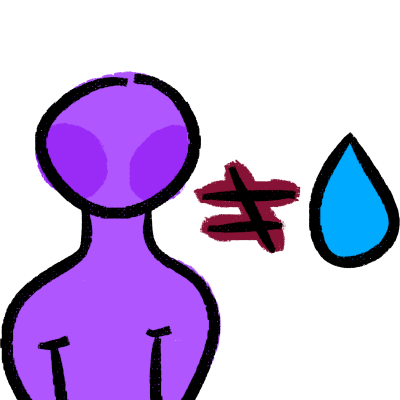 a purple figure with a blue water droplet and a equal sign with a slash through it and red in the back
